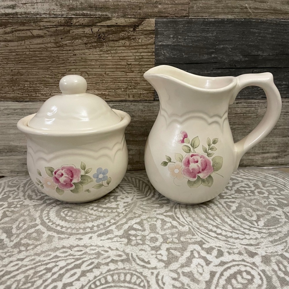 Pfaltzgraff Tea Rose Sugar Bowl and Creamer Pitcher Set Floral Design